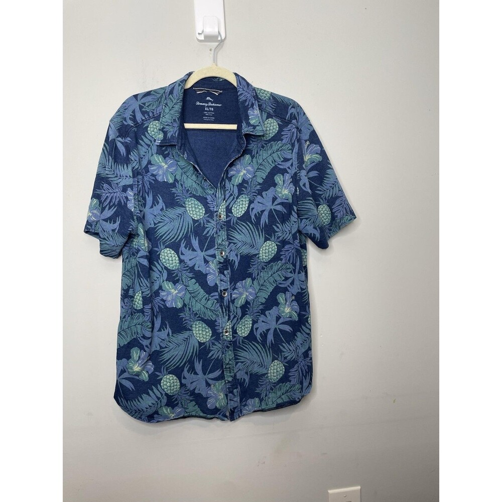 Tommy Bahama Shirt Mens XL Blue 100% Cotton Pineapple Hawaiian Aloha Button Up